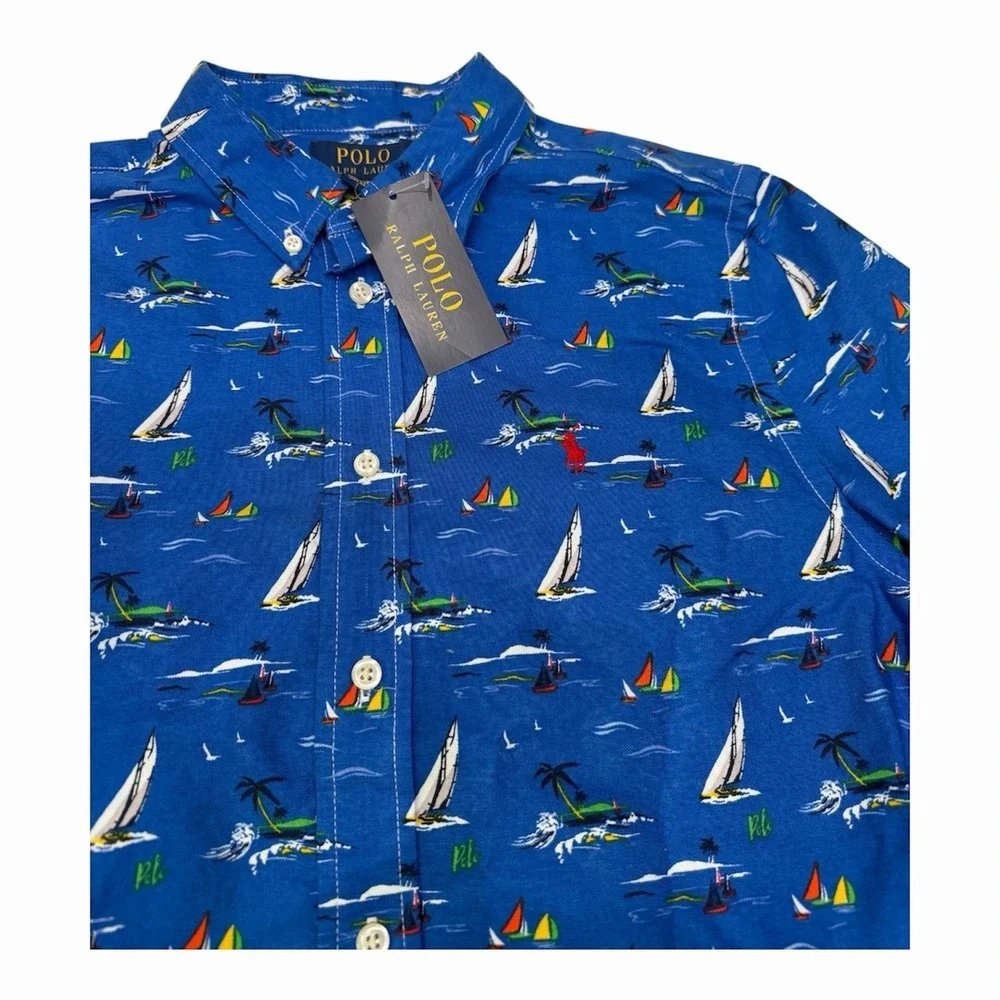 Polo Ralph Lauren Boy Sailboat Print Oxford Shirt Blue Classic Fit XL 18-20 NWT